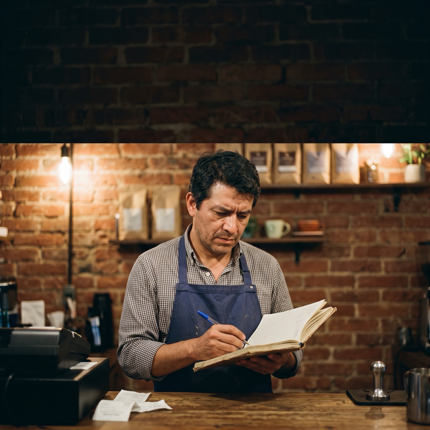 Dueño de un café pequeño revisando las cuentas